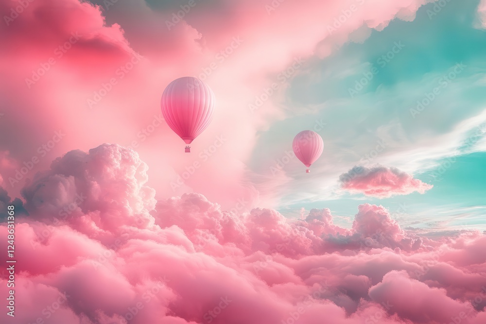 Obraz premium dreamlike landscape with translucent balloons floating through surreal pink and turquoise skies, ethereal clouds, mystical atmosphere