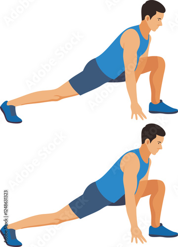 Man demonstrating a lunge stretch exercise.
