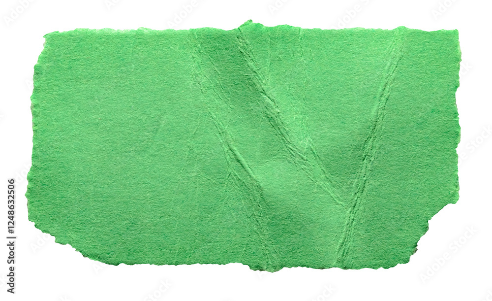 Naklejka premium Green crumpled wrinkled torn piece of blank paper note cardboard with texture and copy space, close up transparent png background isolated cut out design element