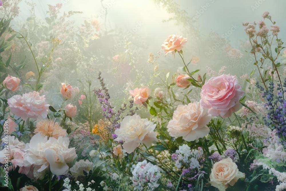 dreamy garden scene with delicate pastel roses, peonies, and wildflowers in soft pink, lavender, and mint green, bathed in ethereal morning light