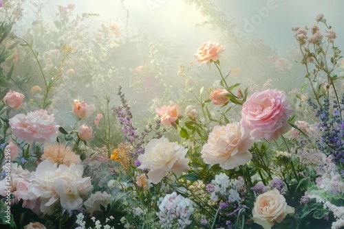 Obraz na płótnie dreamy garden scene with delicate pastel roses, peonies, and wildflowers in soft pink, lavender, and mint green, bathed in ethereal morning light w salonie