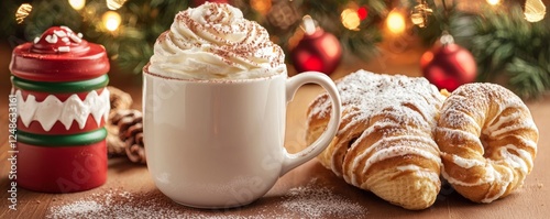 A hot cup of cocoa crowned with a generous swirl of whipped cream, dusted with cocoa powder for a cozy indulgence. photo