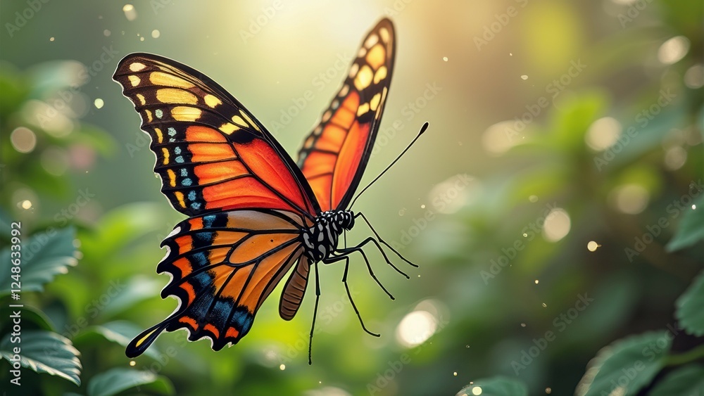 Fototapeta premium Vibrant monarch butterfly in flight among lush greenery with sunlit bokeh