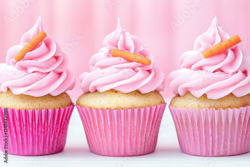 Pink frosted cupcakes with carrot toppers on pastel background