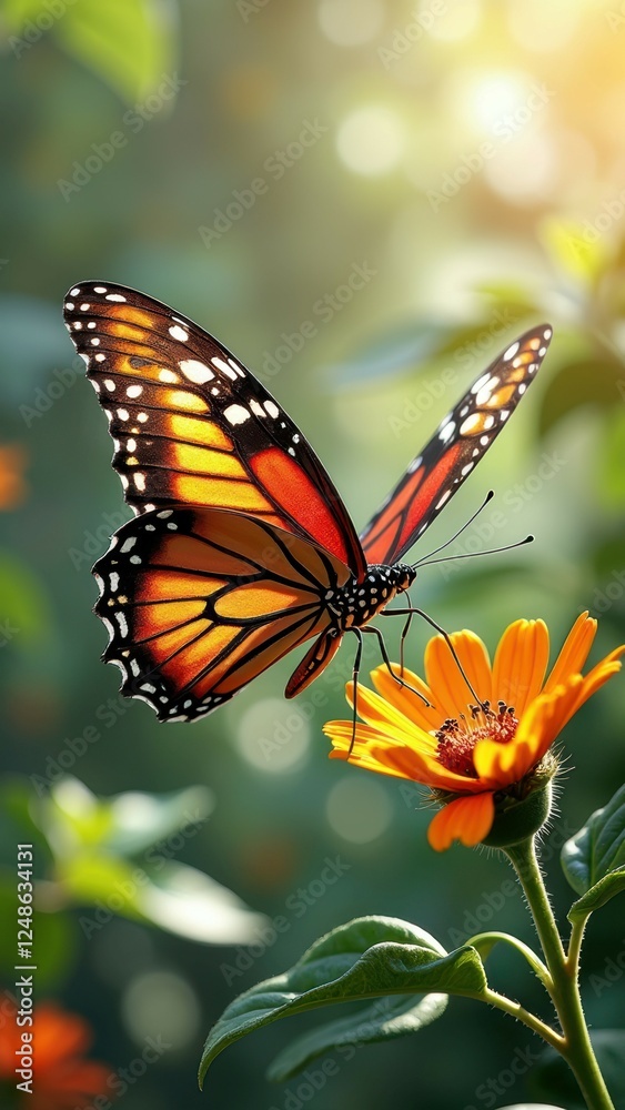 Vibrant monarch butterfly on orange flower in sunlit garden Vibrant monarch butterfly on orange flower in sunlit garden