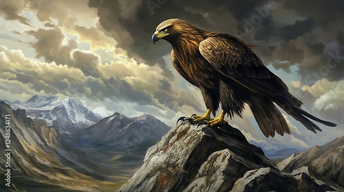 The golden eagle is a majestic and powerful bird of prey, renowned for its impressive wingspan, sharp talons, and keen eyesight. With its dark brown plumage, golden-hued nape, and fierce expression, i photo