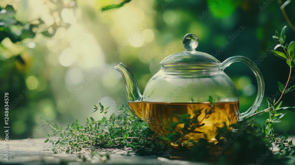 A glass teapot filled with green tea sits amidst vibrant green herbs, capturing a tranquil moment outdoors in natural light A glass teapot filled with green tea sits amidst vibrant green herbs, capturing a tranquil moment outdoors in natural light