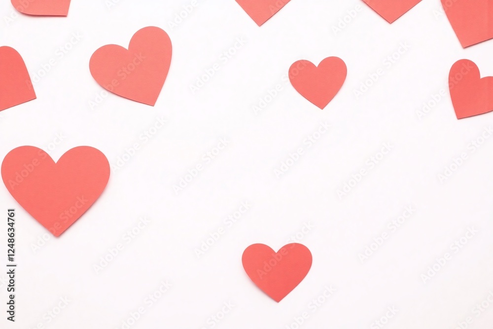 Plain white bg red paper hearts of varying sizes high contrast Plain white bg red paper hearts of varying sizes high contrast