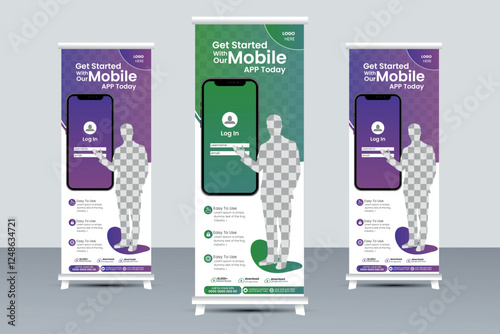 Mobile app promotion roll-up banner, smartphone application business pull-up banner, or x-banner print template