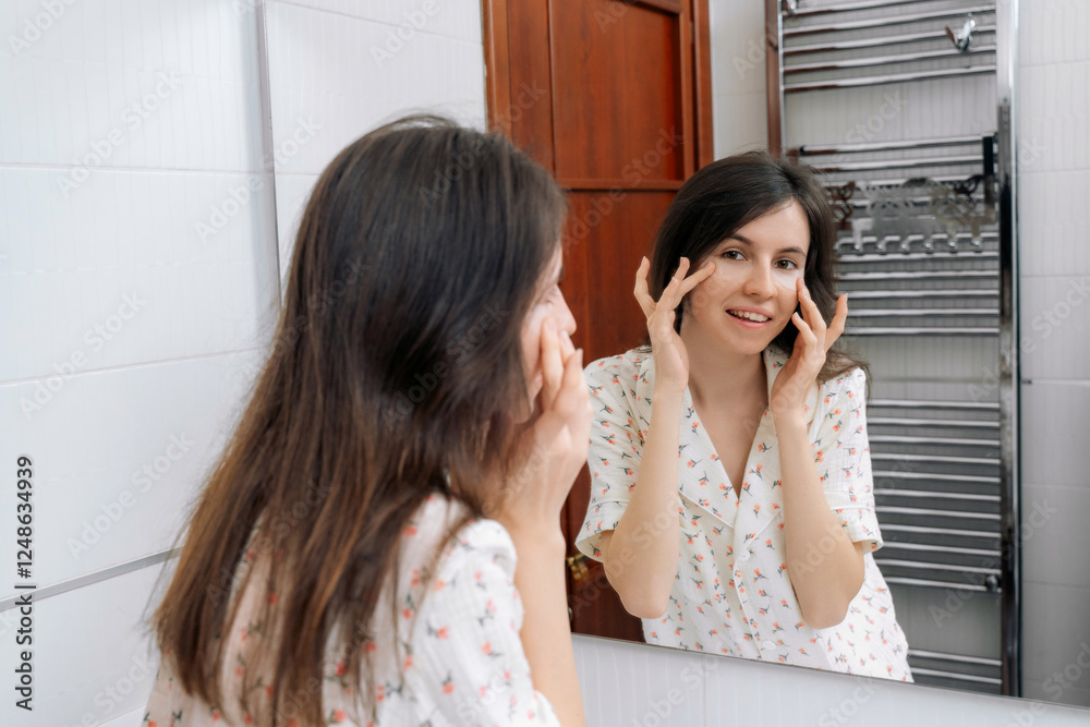 Young beautiful woman with glowing skin with patches to remove eye puffiness Young beautiful woman with glowing skin with patches to remove eye puffiness