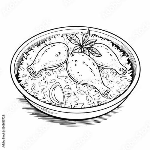 Biriyani with Chicken Food Meal Menu Dish Delicious Cuisine Eat Sketch Style
