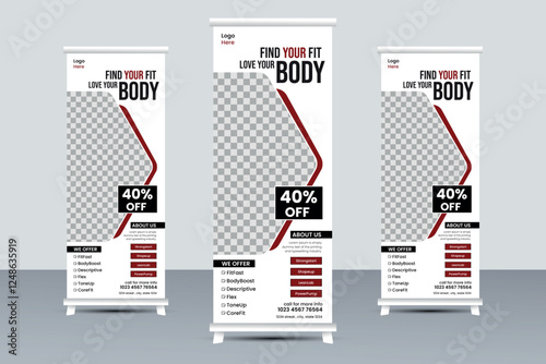 Modern and creative fitness gym roll up pull up standee x banner signage design template for business promotion ads, trendy body building ads in four variant vector template bundle set