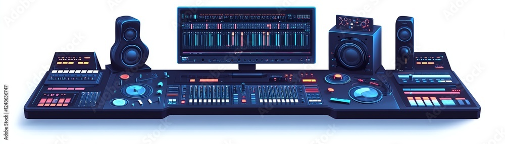 Electronic music production studio setup, white isolate background. Electronic music production studio setup, white isolate background.