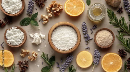 Wallpaper Mural Natural Bath Ingredients: Aromatic Lavender, Rosemary, Lemons, Walnuts, and Various Salts for a Luxurious and Relaxing Spa Experience Torontodigital.ca