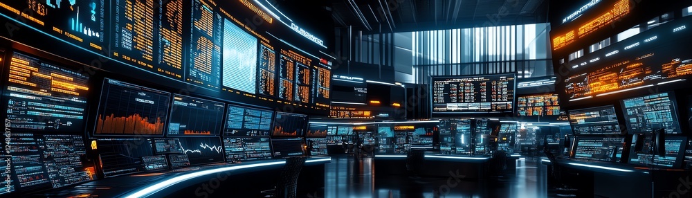 Futuristic control room with multiple screens and data visualizations. Futuristic control room with multiple screens and data visualizations.