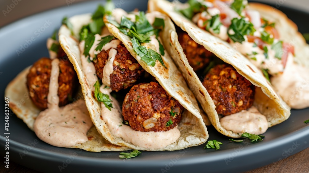 Savory tacos filled with crispy balls, fresh herbs, and served with a creamy dip, ideal for a delicious meal. Savory tacos filled with crispy balls, fresh herbs, and served with a creamy dip, ideal for a delicious meal.