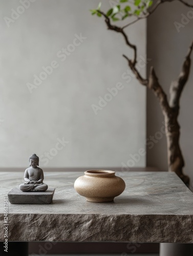 Serene minimalist interior featuring a small Buddha statue and a rustic vase on a stone table, promoting tranquility.