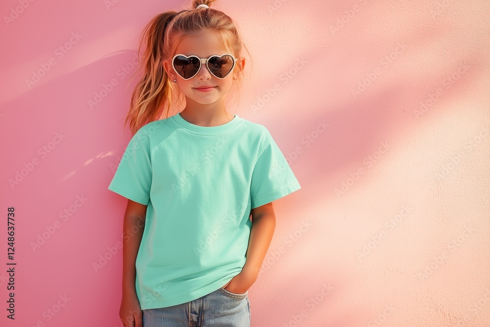 Young girl wearing heart-shaped sunglasses and a turquoise t-shirt against a vibrant pink wall, exuding a stylish summer vibe. Young girl wearing heart-shaped sunglasses and a turquoise t-shirt against a vibrant pink wall, exuding a stylish summer vibe.