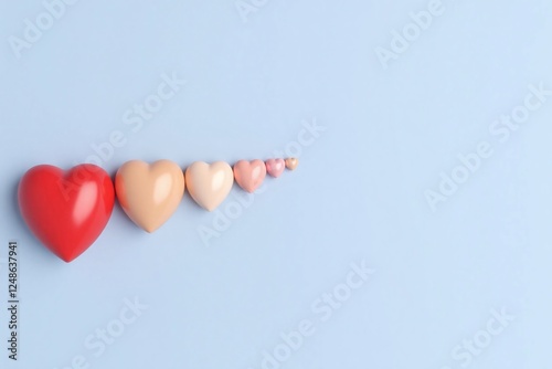 Smooth light blue bg six metallic heart shapes in different colors photo