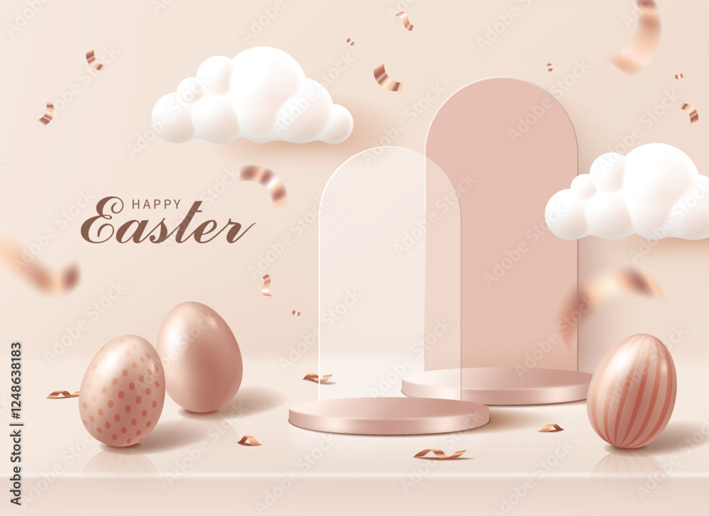 Fototapeta premium A rose gold platform with golden eggs and confetti for Easter.