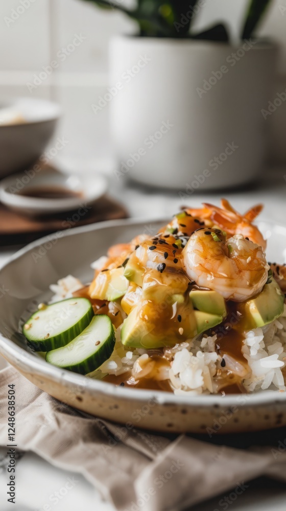 Asian fusion dish featuring crispy tempura shrimp on top of a bed of sushi rice, drizzled with a sweet and spicy eel sauce Asian fusion dish featuring crispy tempura shrimp on top of a bed of sushi rice, drizzled with a sweet and spicy eel sauce