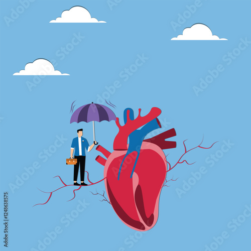Health Safety and Protection, Life Insurance, Healthcare and Wellness, Trader Walking with an Umbrella on an Electrocardiogram