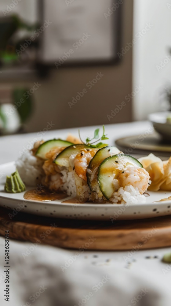 Asian fusion dish featuring crispy tempura shrimp on top of a bed of sushi rice, drizzled with a sweet and spicy eel sauce Asian fusion dish featuring crispy tempura shrimp on top of a bed of sushi rice, drizzled with a sweet and spicy eel sauce