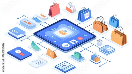 E-commerce concept with shopping bags and digital interface on a white background.