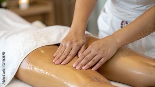 A massage therapist performs a lymphatic drainage massage on a client's legs using warm aromatic oil. A rejuvenating beauty and wellness treatment for circulation and detox. photo