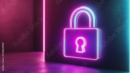 Vibrant neon lock symbol illuminating a modern space with colorful lights at night
