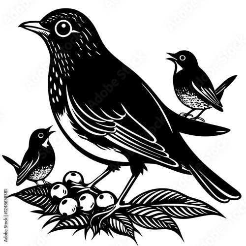 Mother Robin feeding her babies vector art illustration 