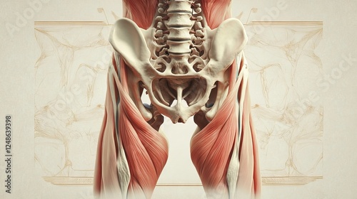 Detailed anatomical illustration of the human pelvis and associated muscles for educational purposes