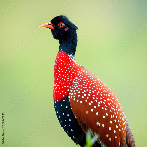 Temminck's Tragopan. ( pheasant.) It lives in the Central and Eastern parts of the Himalayas, in India, Tibet, Bhutan and Nepal. Black head, red body with white speckles. Spots on the sides of the tuf photo