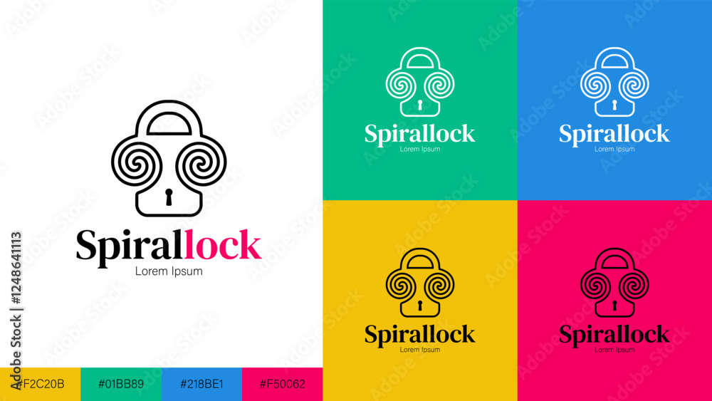 Fototapeta premium Creative logo design combining a lock and spiral, symbolizing security and protection, with four vibrant background color options: green, blue, yellow, and pink.