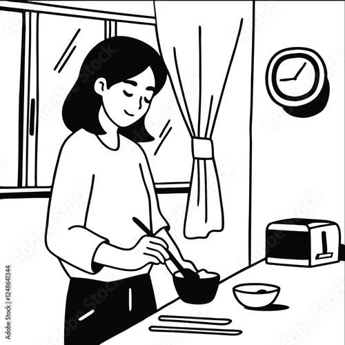 A young woman prepares breakfast in the morning, cooking porridge in the kitchen. She enjoys a peaceful start to her day, embracing a simple and healthy lifestyle. 