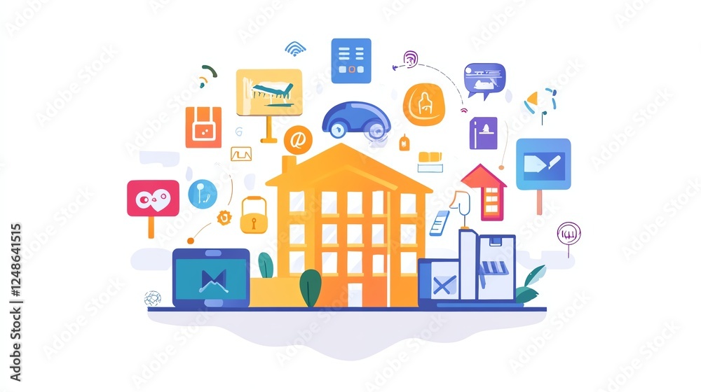 Colorful illustration of a building surrounded by various digital icons. Colorful illustration of a building surrounded by various digital icons.