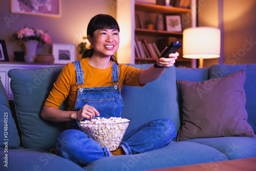 Woman turning on TV using remote control while relaxing at home late at night