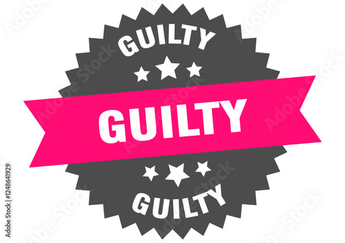 guilty. guilty round pink label isolated on transparent background