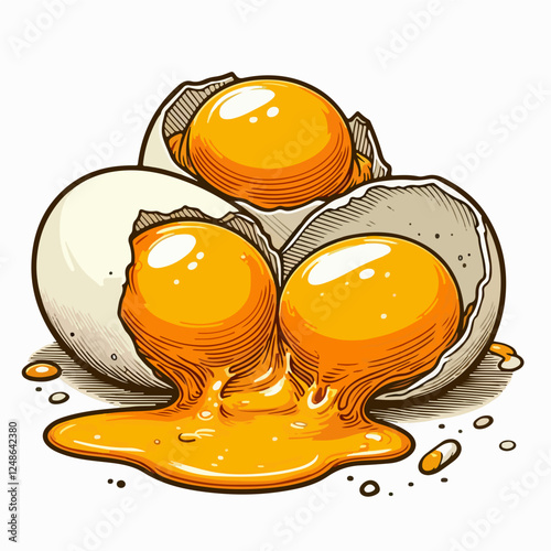 Runny Yolks Delight: A vibrant, stylized illustration of three cracked eggs with runny yolks, showcasing rich golden hues and textures.