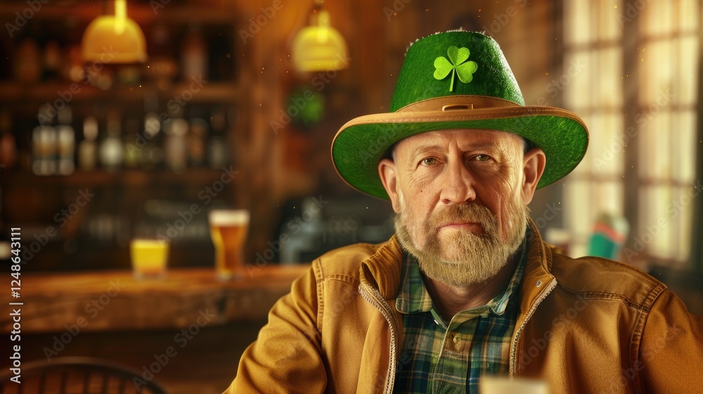 Serene Man With Shamrock Hat At Pub Table Serene Man With Shamrock Hat At Pub Table