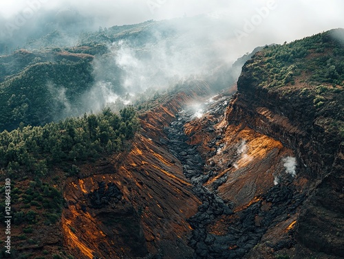 Volcanic landscape with lava flow and misty hills covered in trees and clouds photo