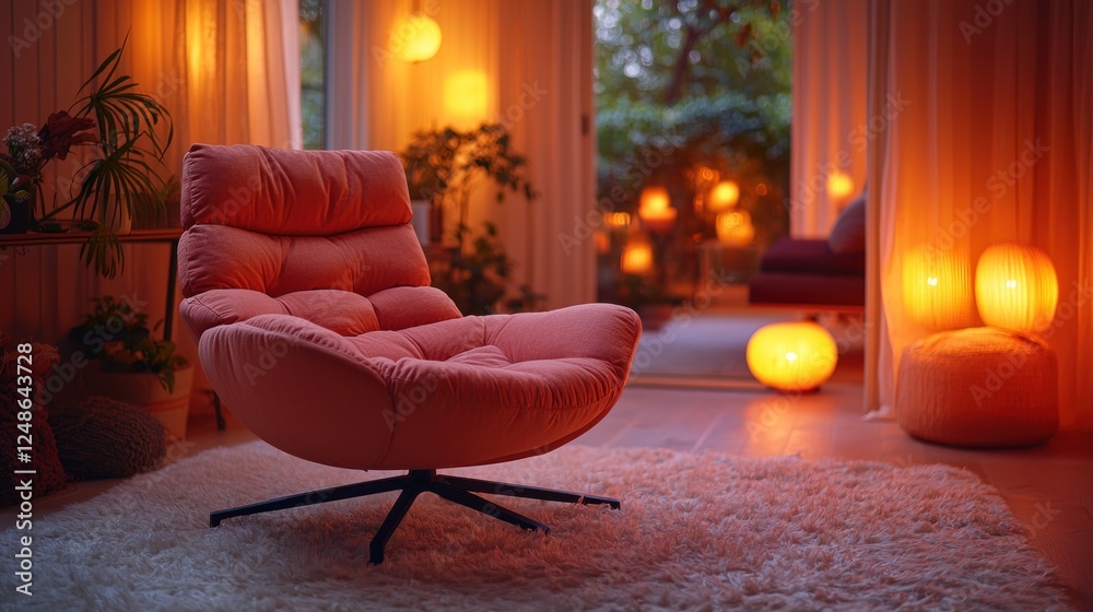 Obraz premium Cozy interior scene featuring a pink lounge chair on a fluffy rug, illuminated by warm ambient lighting and plants in the background