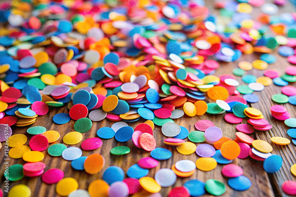 A colorful array of confetti scattered on a wooden surface, creating a festive and cheerful atmosphere. A colorful array of confetti scattered on a wooden surface, creating a festive and cheerful atmosphere.