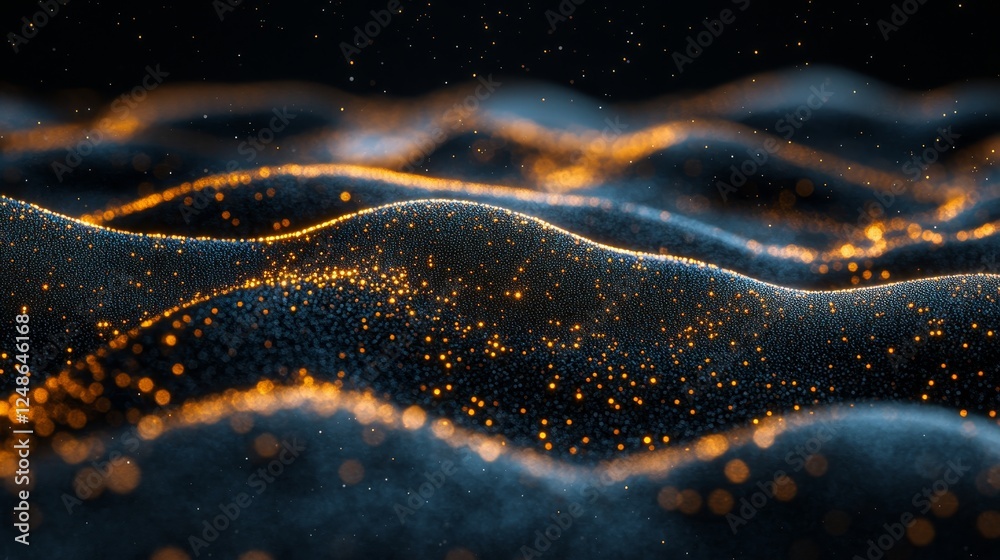 Abstract Illuminated Waves Golden Particles Flowing on Black Background, Data Visualization Concept Abstract Illuminated Waves Golden Particles Flowing on Black Background, Data Visualization Concept