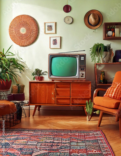 A retro living room with an old TV and 80s decor