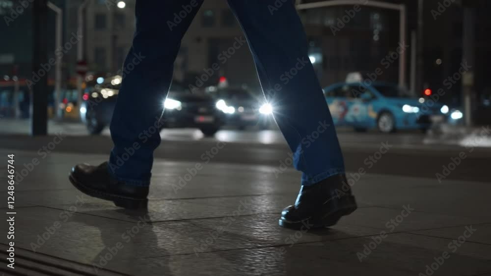Rear side view male feet steps walking street at night. Man wearing dark leather boots walks pedestrian crossing in city backlit with car headlights. Low angle people legs going sidewalk, cold weather Rear side view male feet steps walking street at night. Man wearing dark leather boots walks pedestrian crossing in city backlit with car headlights. Low angle people legs going sidewalk, cold weather