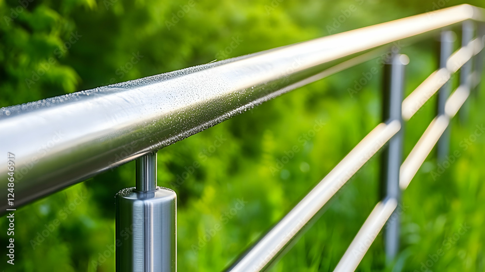 Steel railing path, park, nature, green background, summer Steel railing path, park, nature, green background, summer