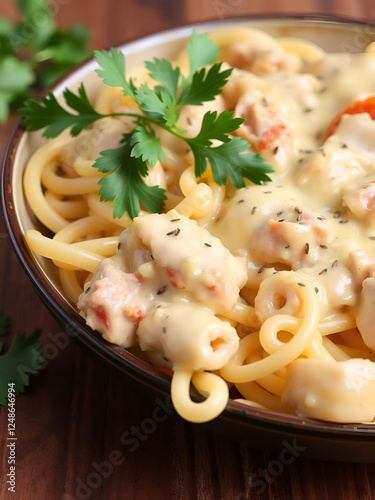 pasta, cream sauce, chicken meat tetrazzini photo