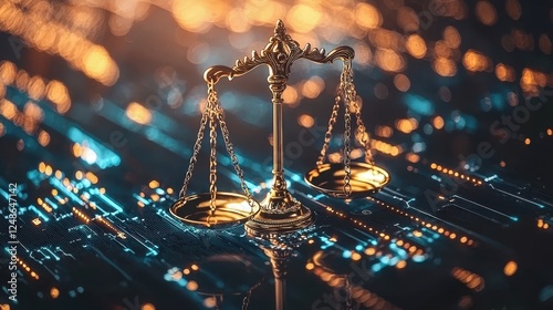 Golden scales of justice on a glowing cyber network background, symbolizing AI ethics and digital law