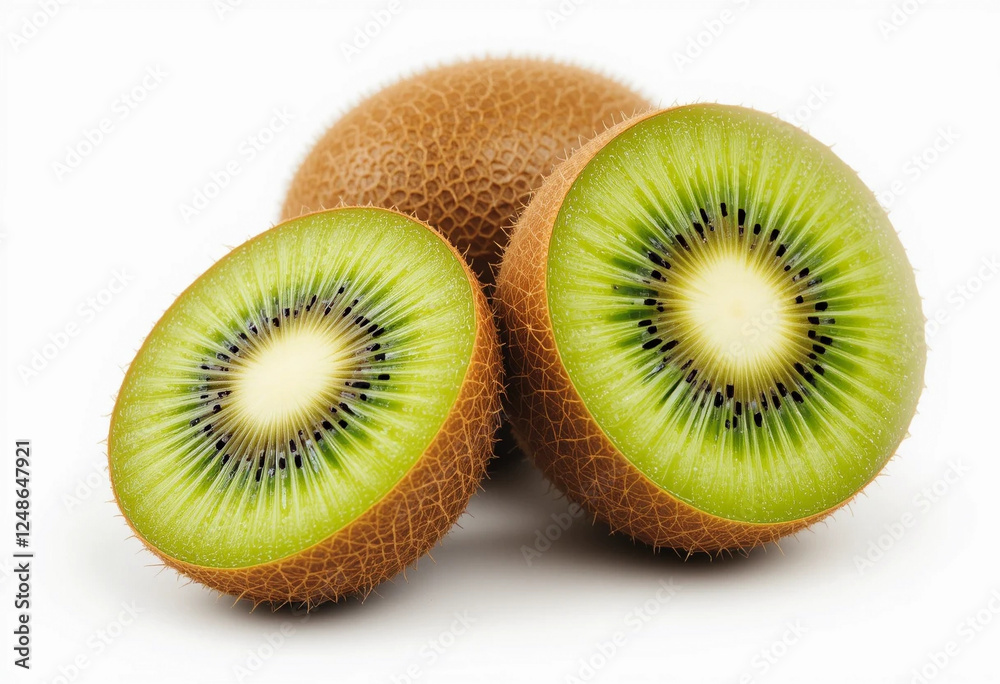 Fresh Kiwi Fruit and Halves with Vibrant Green Flesh Isolated on White Background Fresh Kiwi Fruit and Halves with Vibrant Green Flesh Isolated on White Background